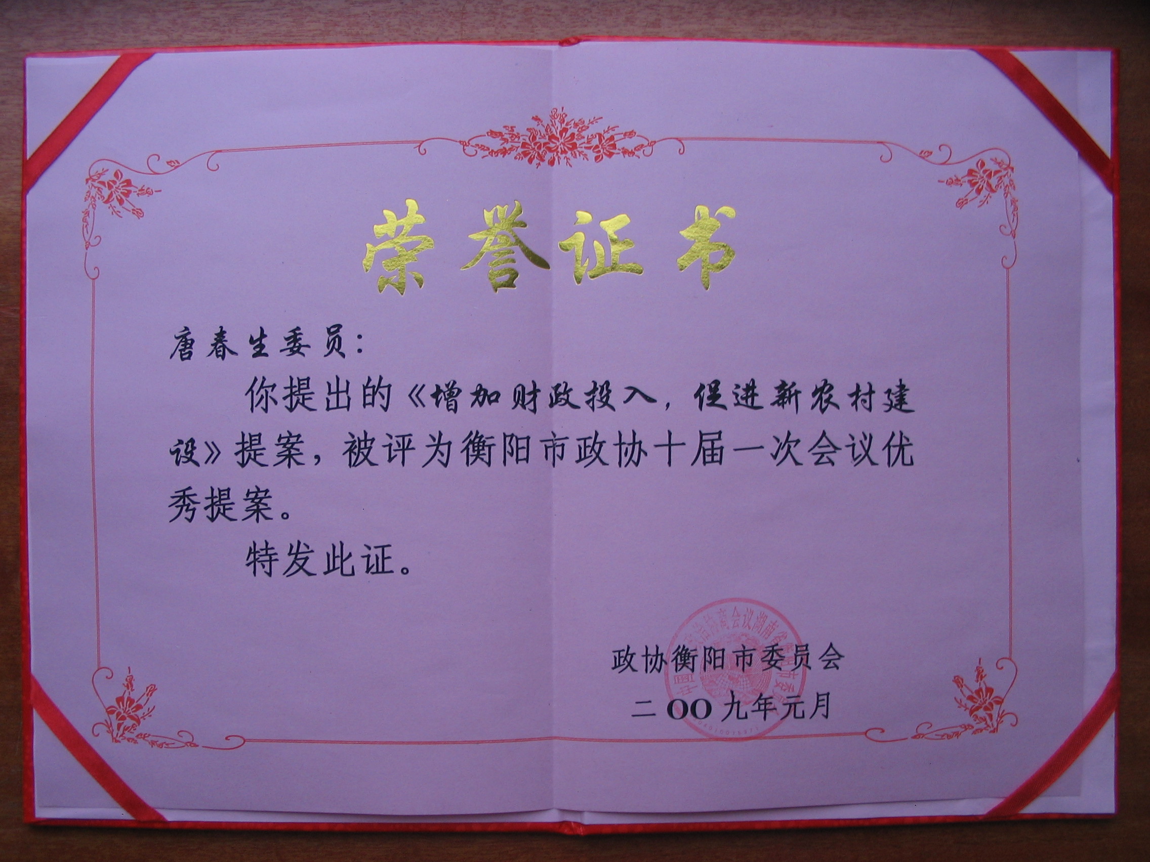 唐春生获2009年度衡阳市政协优秀提案